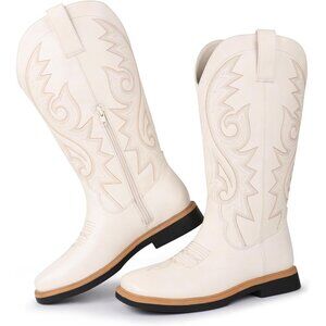 Women's White Embroidered Square Toe Side Zipper Western Mid Calf Dress Boots